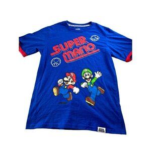 Super Mario Men's XXL Blue Graphic Tee Featuring Mario Luigi Yoshi & Toad